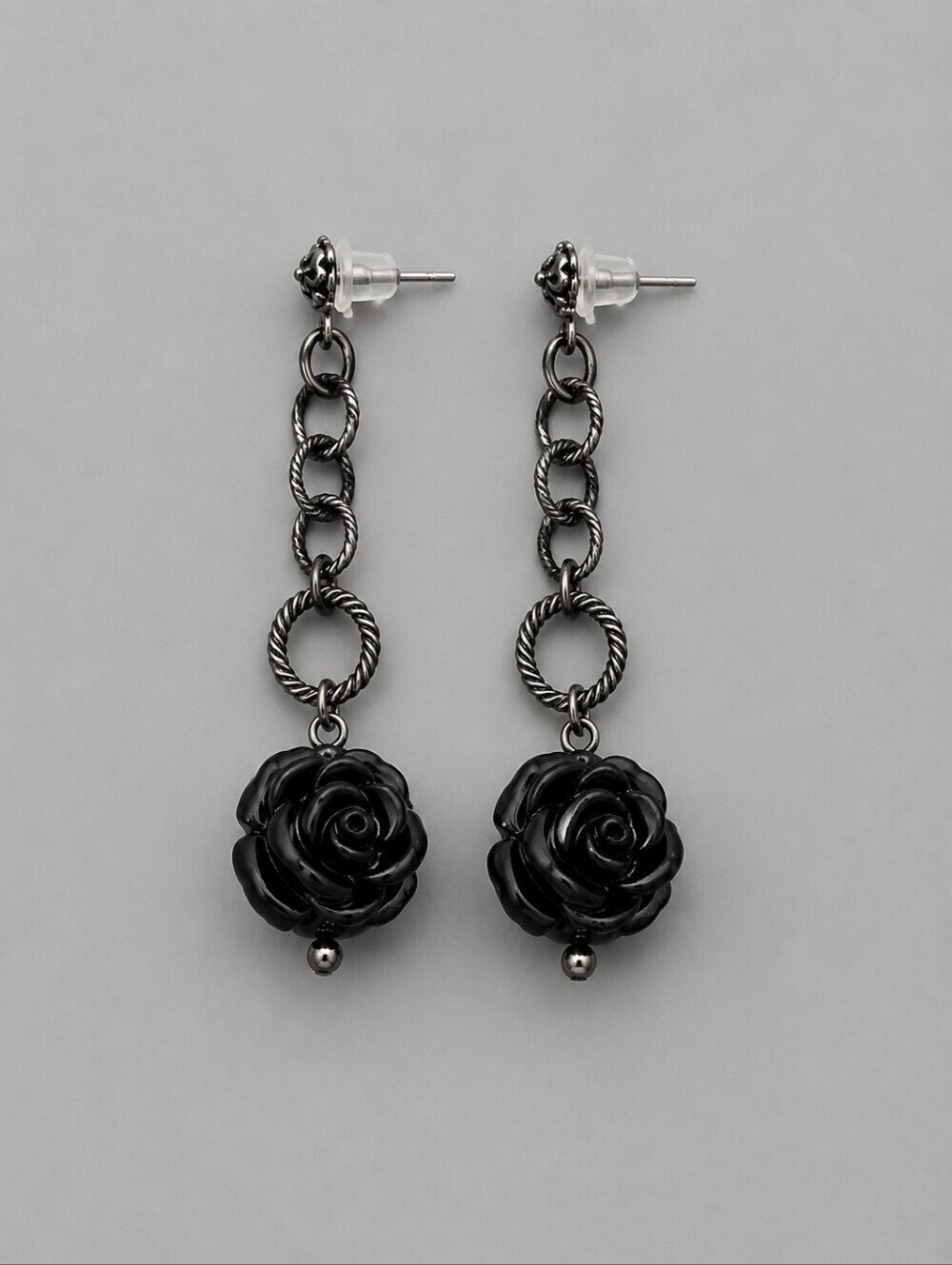 Black Rose Goth Witchy Chain Dangle Post Earrings